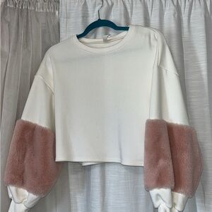 Trendy Boutique White and Pink Fuzzy Sleeve Sweatshirt